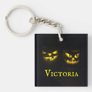 Personalised yellow and black creepy pumpkin face keychain