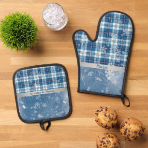 Personaliza Elegante Cuadriculado Azul  Oven Mitt & Pot Holder Set