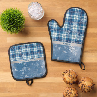 Personaliza Elegante Cuadriculado Azul Oven Mitt & Pot Holder Set