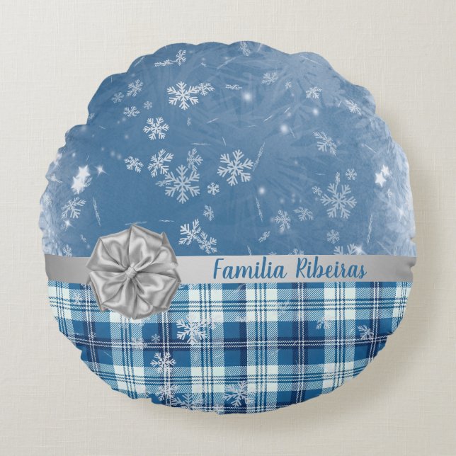 Personaliza Navidad Elegante Cuadriculado Azul  Round Pillow (Front)