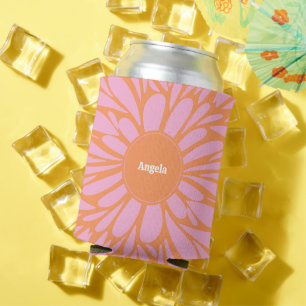 Personalizable Abstract floral burst orange & pink Can Cooler