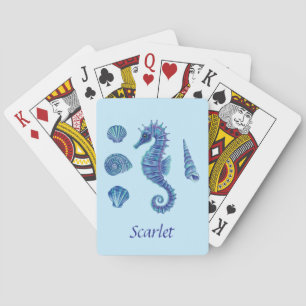 Personalizable Blue Seahorse & Seashells Playing Cards