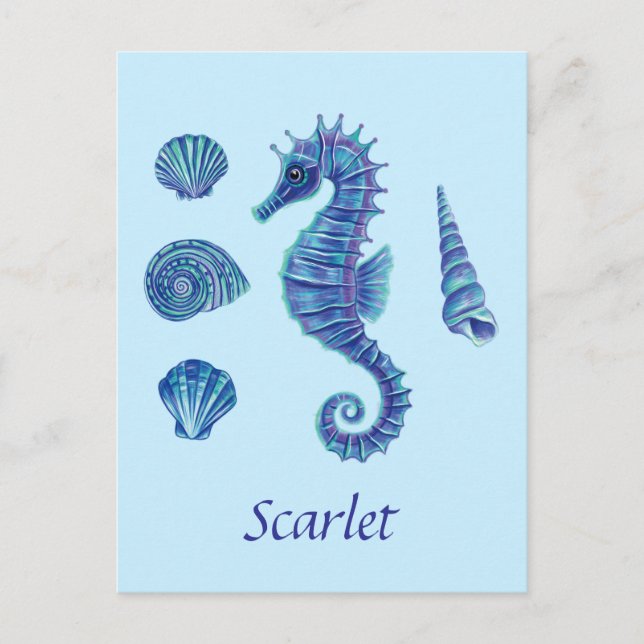 Personalizable Blue Seahorse & Seashells Postcard (Front)