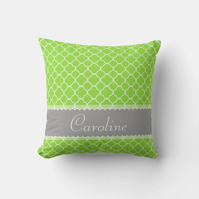 Personalizable Bright Green Quatrefoil  Pattern Throw Pillow (Front)
