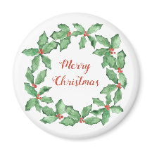 Personalizable Christmas Holly Wreath round magnet