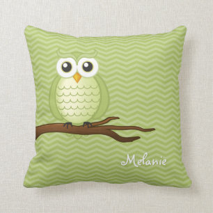 Personalizable Cute Owl   Green Chevrons Throw Pillow
