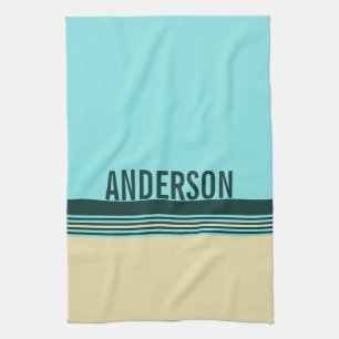 Personalizable Dark Green Yellow Blue Stripes Kitchen Towel