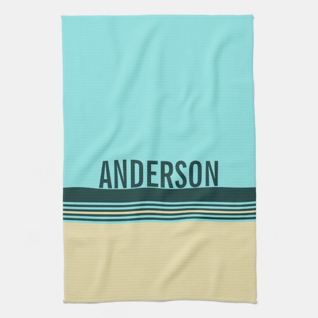 Personalizable Dark Green Yellow Blue Stripes Kitchen Towel (Vertical)