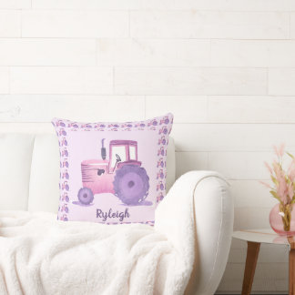 Personalizable Pink and Purple Watercolor Tractor Throw Pillow
