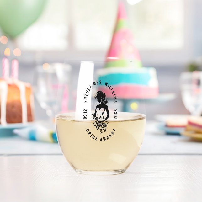 Personalizable Text Bride with Flowers Silhouette  Stemless Wine Glass (Insitu (Birthday))