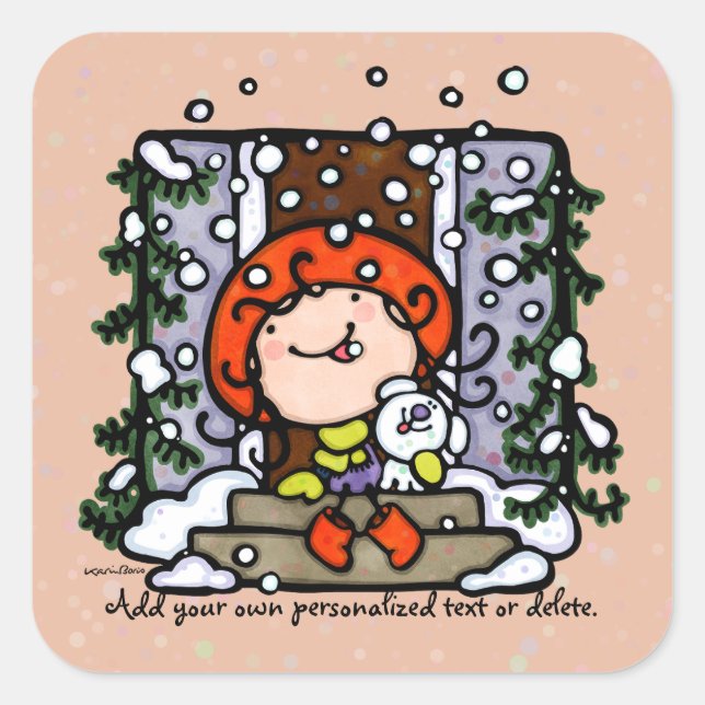 Personalizable Winter Snow Christmas Girl Square Square Sticker (Front)