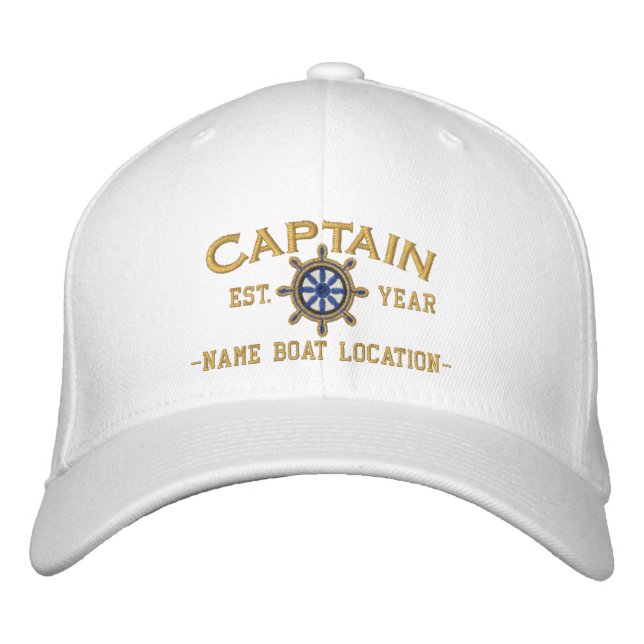 Personalizable YEAR and Names Captain Wheel Embroidered Hat (Front)