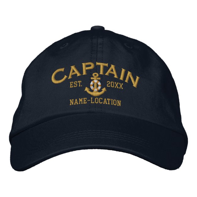 Personalizable YEAR+Names Captain Lifesaver Anchor Embroidered Hat (Front)