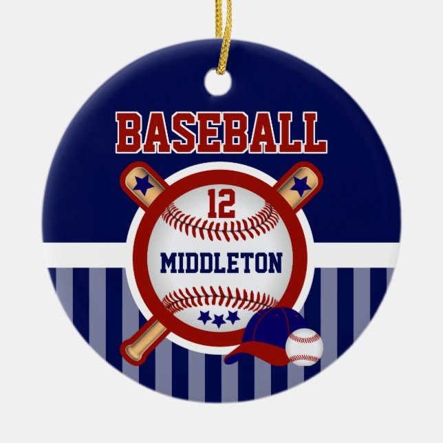 Personalizad ⚾ Baseball | Dark Blue and Red Ceramic Ornament (Front)