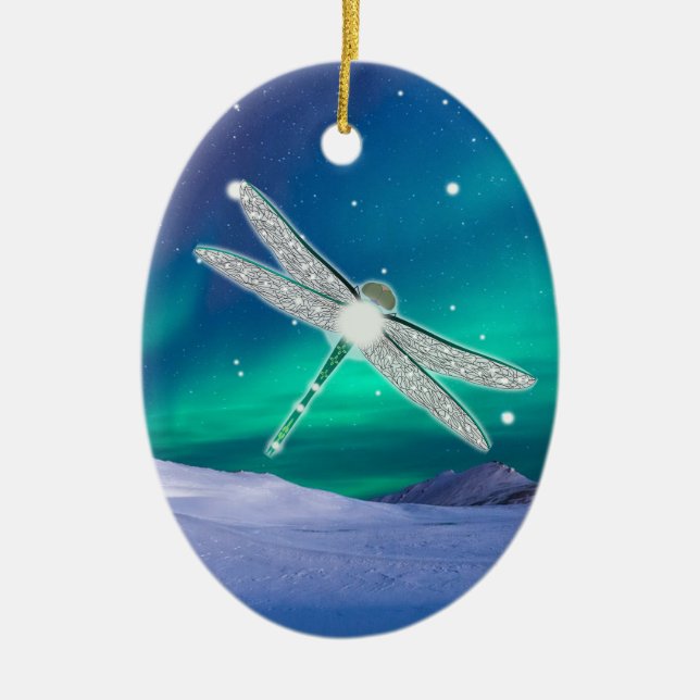 Personalizd Dragonfly Starry Lights Christmas Ceramic Ornament (Front)