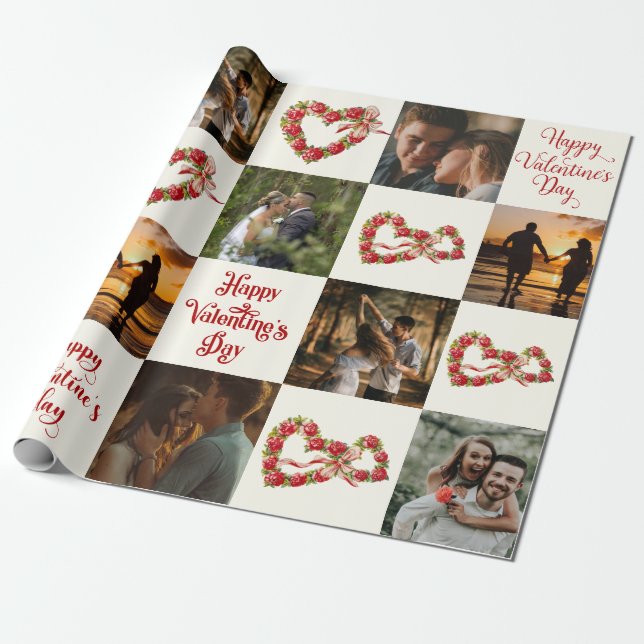 Personalize 10 Photos Happy Valentine's Day Retro Wrapping Paper (Unrolled)