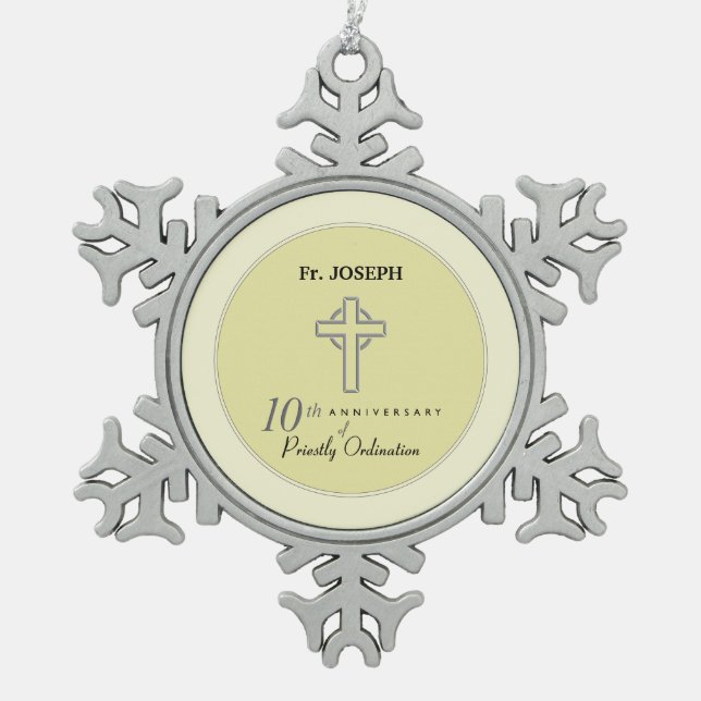 Personalize, 10th Anniversary of Priest Embossed Snowflake Pewter Christmas Ornament (Front)