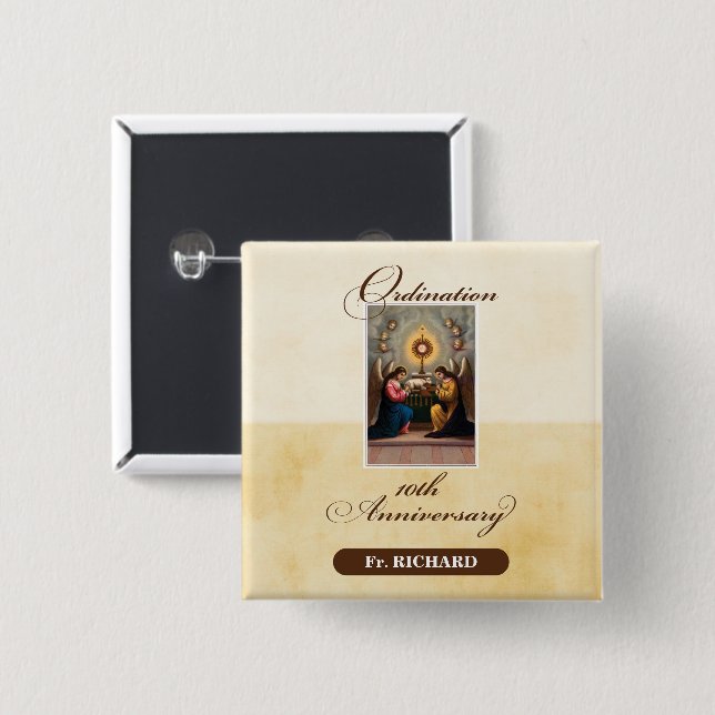 Personalize, 10th Ordination Anniversary Angels 2 Inch Square Button (Front & Back)