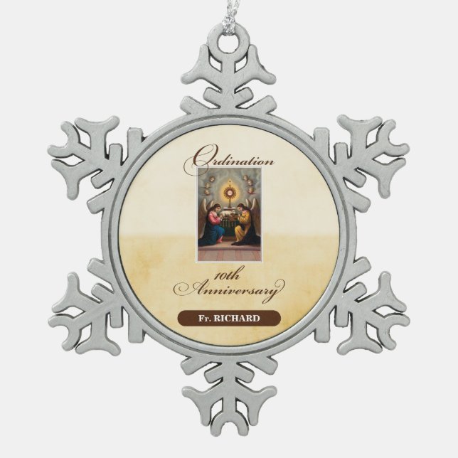 Personalize, 10th Ordination Anniversary Angels Snowflake Pewter Christmas Ornament (Front)