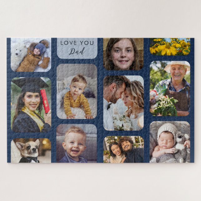     Personalize 11 Photos Navy Modern Love You Dad Jigsaw Puzzle (Horizontal)
