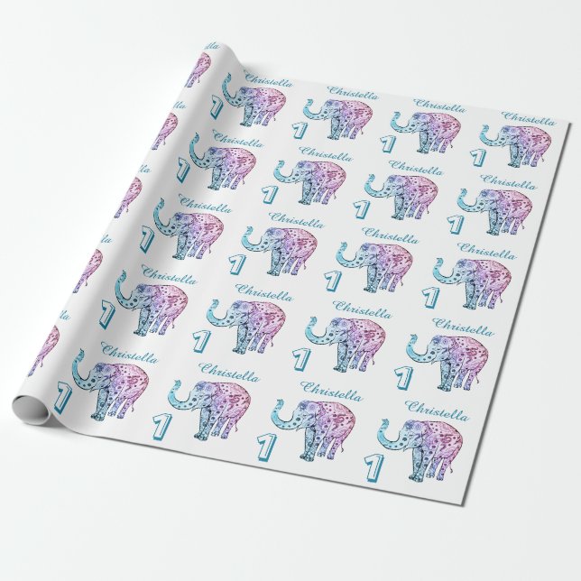 Personalize 1st Birthday elephant Wrapping Paper (Unrolled)