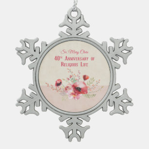 Personalize, 40th Anniversary Nun, Pink and Snowflake Pewter Christmas Ornament
