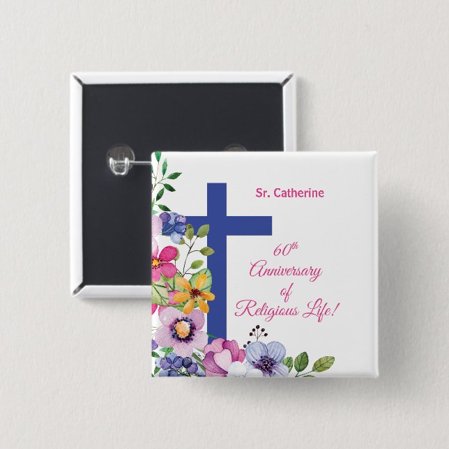 Personalize, 60th Anniversary Nun Religious Life 2 Inch Square Button (Front & Back)