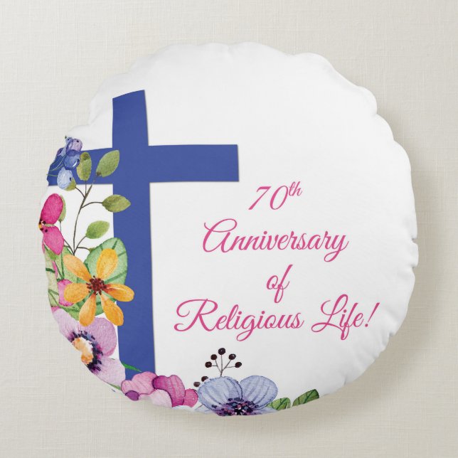 Personalize, 70th Anniversary Nun Religious Life Round Pillow (Front)