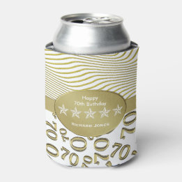 Personalize: 70th Birthday White and Gold Theme Can Cooler