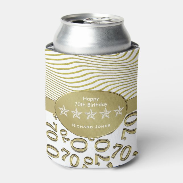 Personalize:  70th Birthday White and Gold Theme Can Cooler (Can Front)