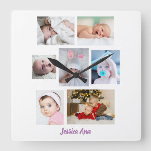 Personalize 7 Baby Photos & Name, White Square Wall Clock