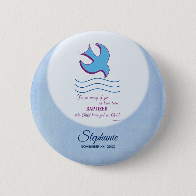 Personalize, Adult Baptism Dove on Blue 2 Inch Round Button (Front)