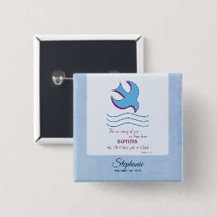 Personalize, Adult Baptism Dove on Blue 2 Inch Square Button