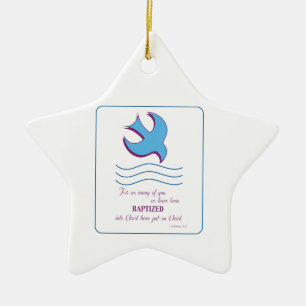 Personalize, Adult Baptism Dove on Blue Ceramic Ornament