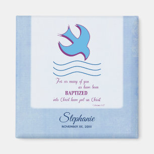 Personalize, Adult Baptism Dove on Blue Magnet