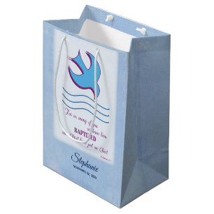 Personalize, Adult Baptism Dove on Blue Medium Gift Bag