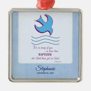 Personalize, Adult Baptism Dove on Blue Metal Ornament