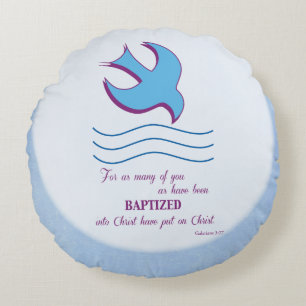 Personalize, Adult Baptism Dove on Blue Round Pillow