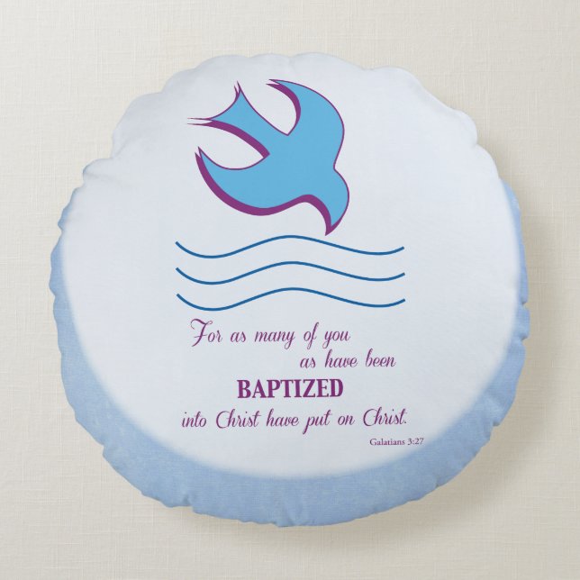 Personalize, Adult Baptism Dove on Blue Round Pillow (Front)