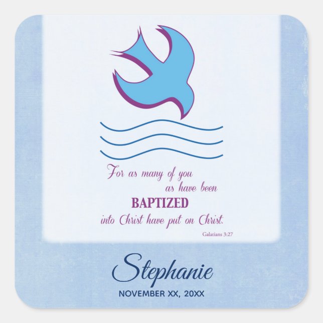 Personalize, Adult Baptism Dove on Blue Square Sticker (Front)