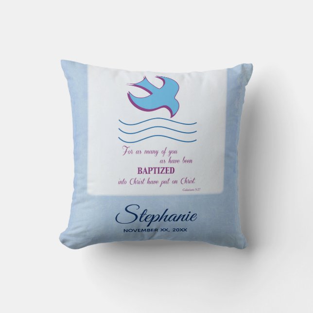 Personalize, Adult Baptism Dove on Blue Throw Pillow (Front)