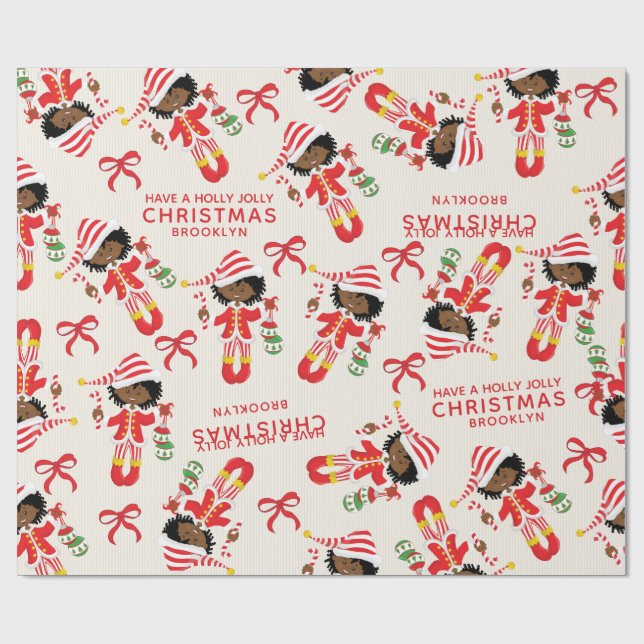 Personalize African American Christmas Girl Elf Wrapping Paper (Flat)