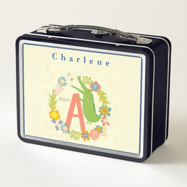 Personalize Animal Alphabet Series Alligator      Metal Lunch Box (Back)