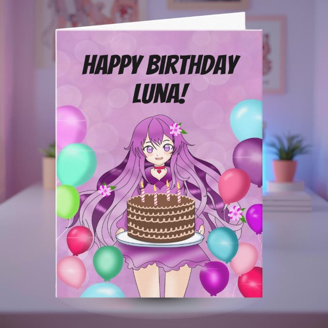 Personalize Anime Teenager Girl With Cake Card (Creator Uploaded)
