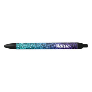 Personalize Aqua blue Ombre glitter sparkles Black Ink Pen