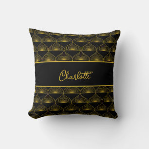 Personalize Art Deco Black & Gold Fan Pattern Name Throw Pillow