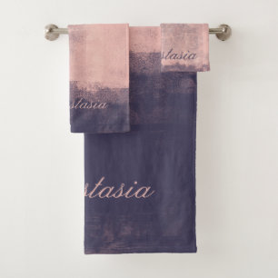 Personalize Art Style Abstract Pink Navy Blue Bath Towel Set