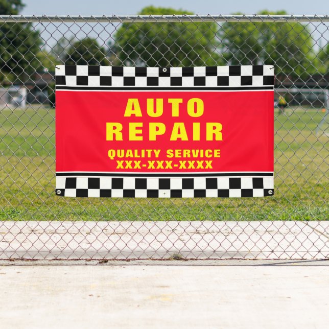 Personalize Auto Repair Shop Checked Flag Banner (Insitu)