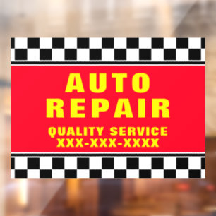 Personalize Auto Repair Shop Checked Flag Banner Window Cling