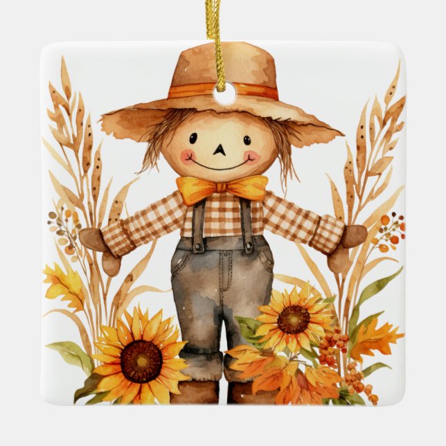 Personalize Autumn Wishes Scarecrow And Sunflower Ceramic Ornament (Front)